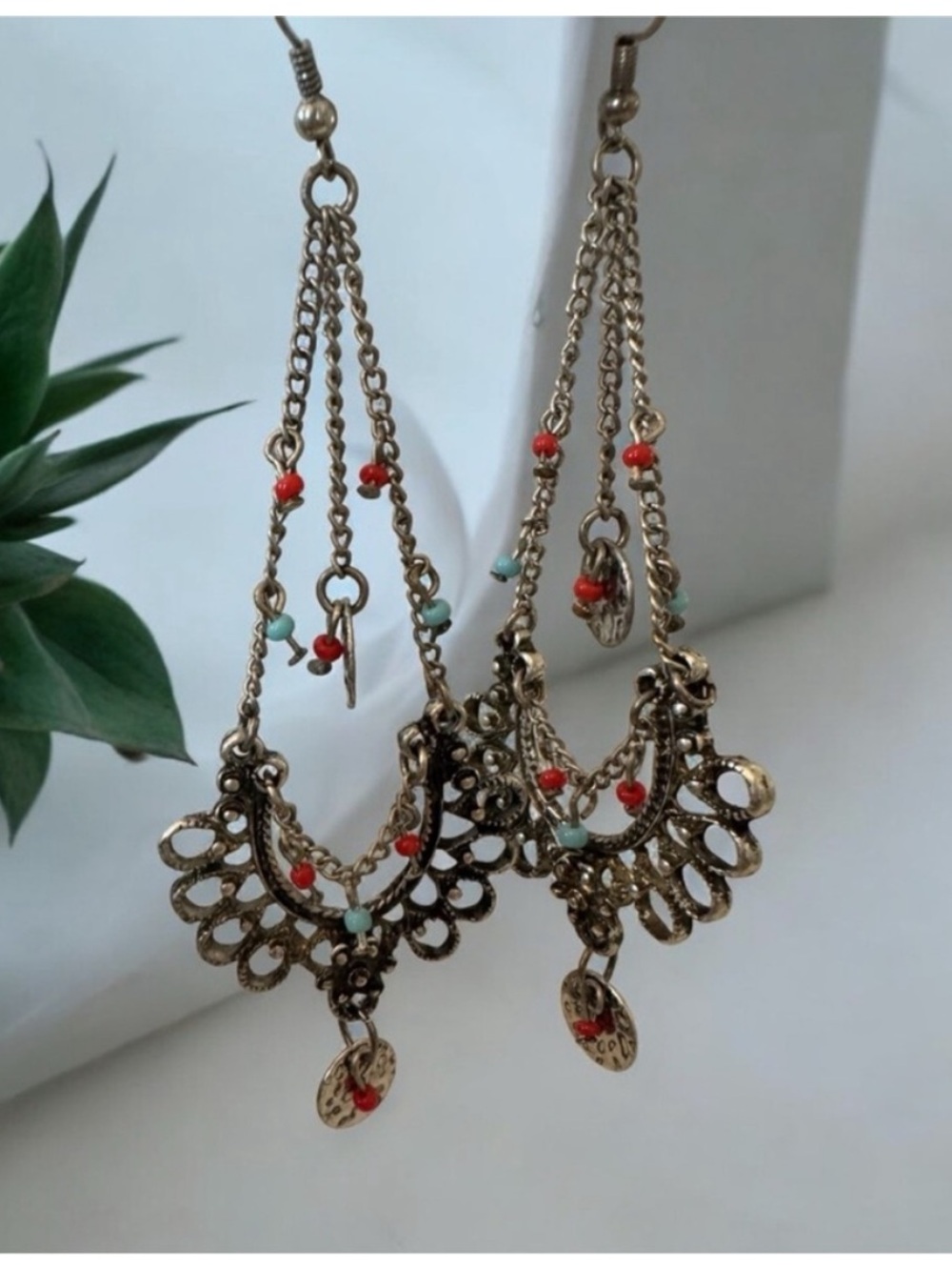 Boho Filigree Dangle Earrings with Red and Turquoise Beads